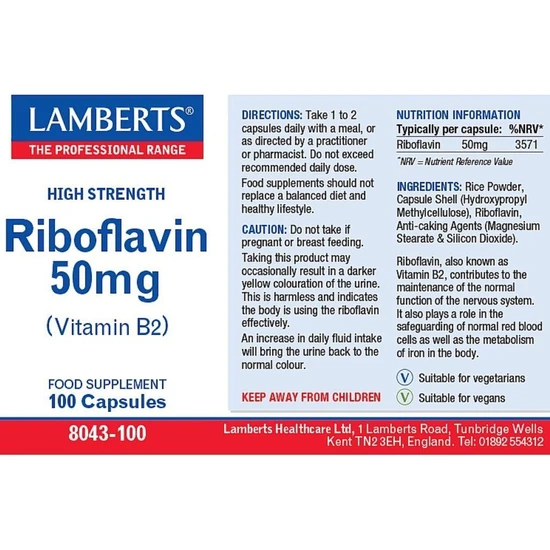 Lamberts Riboflavin 50mg Capsules 100 Capsules
