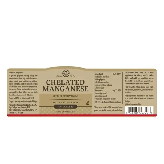 Solgar Chelated Manganese Tablets 100 Tablets
