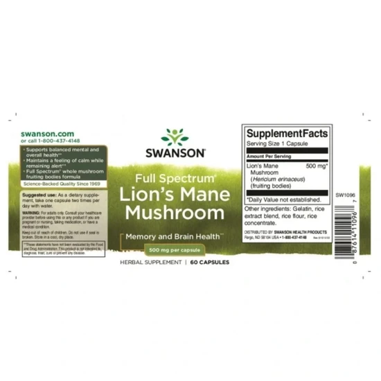 Swanson Full Spectrum Lion's Mane Mushroom 500mg Capsules 60 Capsules