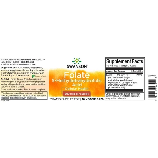 Swanson Folate 5-Methyltetrahydrofolic Acid 800mcg - 30 Capsules