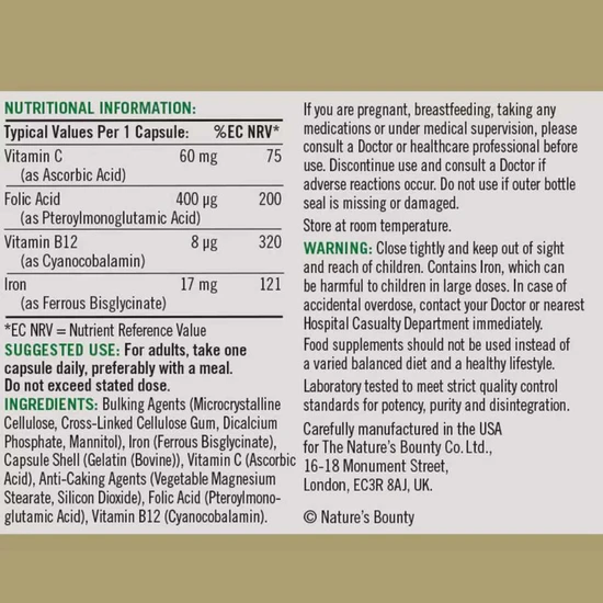 Nature's Bounty Gentle Iron Complex With Vitamins B12 & C 100 Capsules