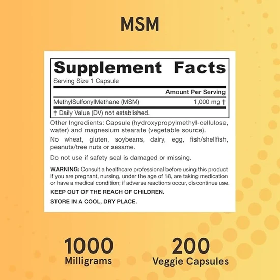 Jarrow Formulas MSM MethylSulfonylMethane Sulphur 1000mg - 200 Veg Caps
