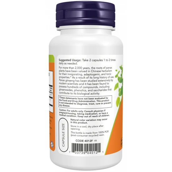 NOW Foods Panax Ginseng Capsules 500mg - 250 Capsules