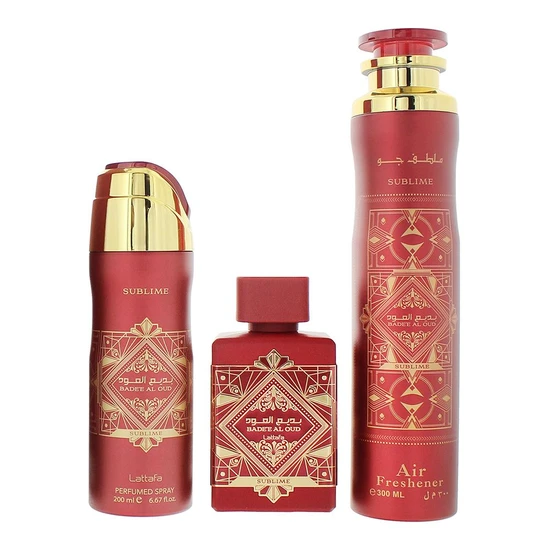 Lattafa Bade'e Al Oud Sublime Eau De Parfum 100ml Gift Set 100ml, 300ml Air Freshener & 200ml Perfumed Body Spray