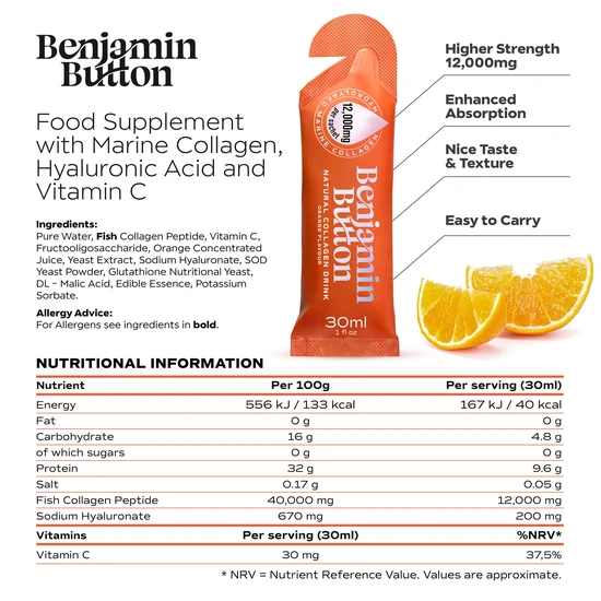 Benjamin Button Orange 10,000mg Marine Collagen Liquid Sachets x 28