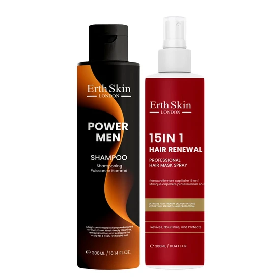 Erth Skin London Power Men Shampoo 300ml + 15-in-1 Hair Renewal Professional Hair Mask Spray 300ml