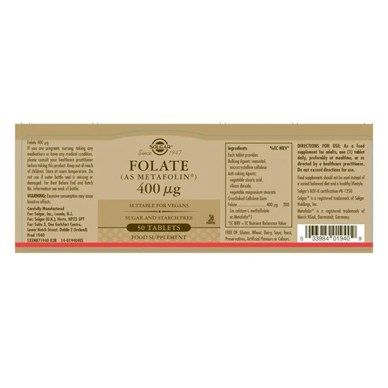 Solgar Folate 400ug Tablets 50 Tablets