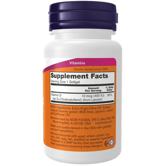 NOW Foods Vitamin D-3 400iu 180 Softgels