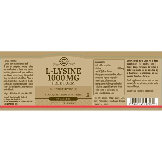 Solgar L-Lysine 1000mg Tablets 50 Tablets