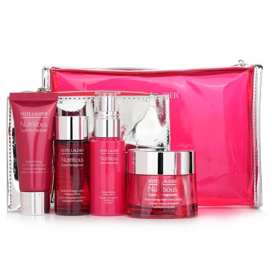 Estée Lauder Nutritious Super-Pomegranate Nourish All Night Set: Night Creme+ Milky Lotion+ Lotion Intense Moist+ Cleansing Form 4pcs+2bags