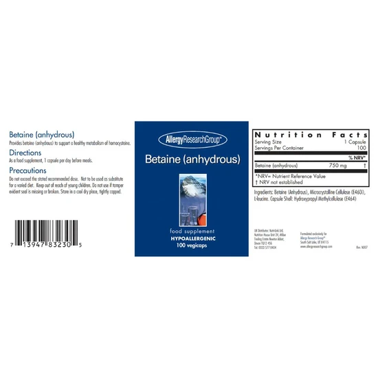 Allergy Research Group Betaine Anhydrous 750mg Capsules 100 Capsules