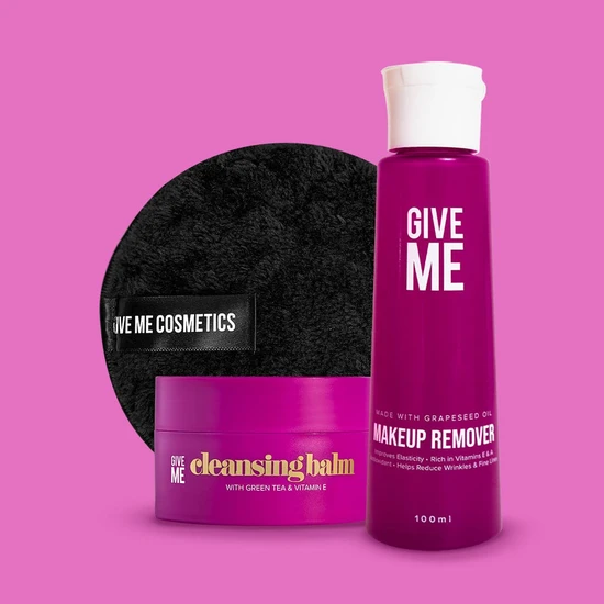 Give Me Double Cleanse Set Anti-ageing Makeup Remover, Green Tea & Vitamin E Cleansing Balm & Reusable Eco Makeup Pad