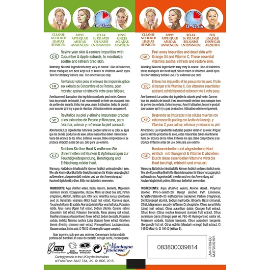 Montagne Jeunesse 7th Heaven Face Food Twin Masks Orange Oil & Vit C Peel Off Mask & Cucumber & Apple Reviving Mask 2 x 6ml