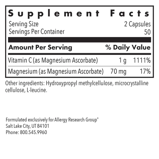 Allergy Research Group Magnesium Ascorbate Vitamin C Capsules 100 Capsules