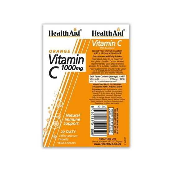 Health Aid Vitamin C 1000mg Orange Effervescent Tablets 20 Tablets