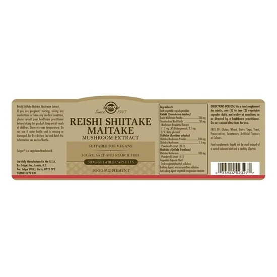 Solgar Reishi Shiitake Maitake Mushroom Extract Vegicaps 50 Vegicaps