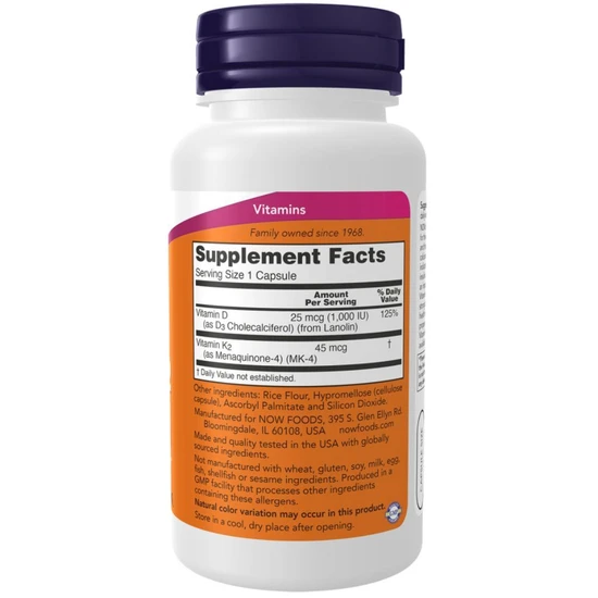 NOW Foods Vitamin D-3 & K-2 120 Vegetarian Capsules