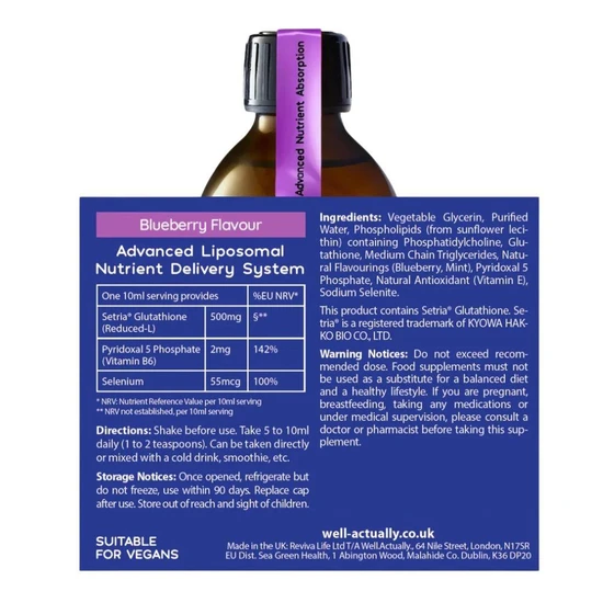 Well Actually Liposomal Reduced L-Glutathione 500mg Blueberry 250ml