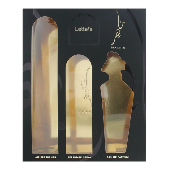 Lattafa Maahir Gift Set 100ml EDP + 200ml Perfumed Body Spray + 300ml Air Freshener