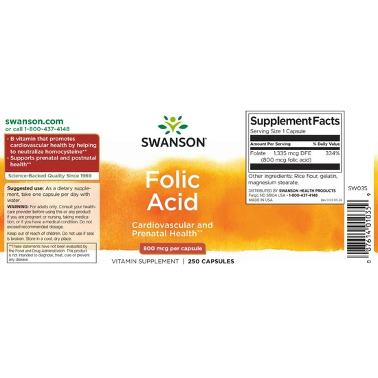 Swanson Folic Acid Capsules 800mcg x 250