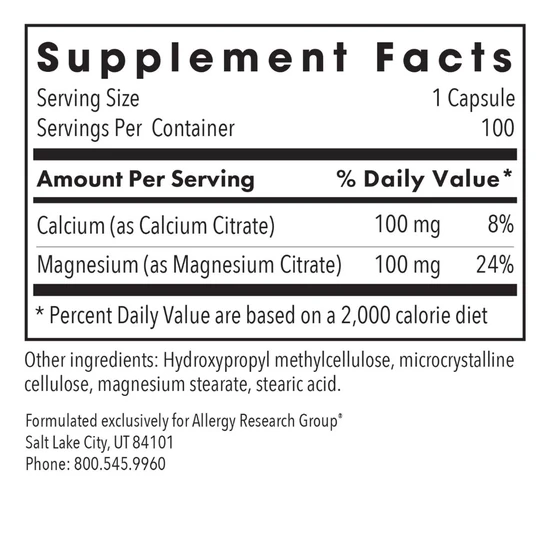 Allergy Research Group Calcium Magnesium Citrate Capsules 100 Capsules
