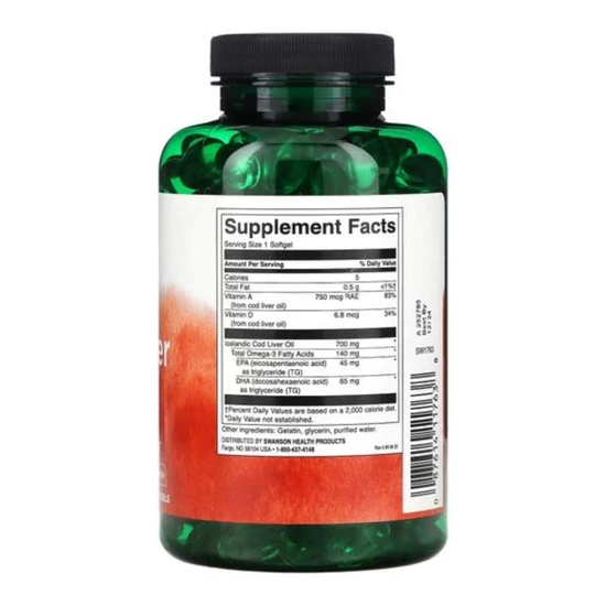 Swanson Cod Liver Oil Double-Strength Softgels 700 mg | 250 Soft Gels