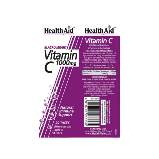 Health Aid Vitamin C 1000mg Effervescent Blackcurrant Flavour Tablets 20 Tablets