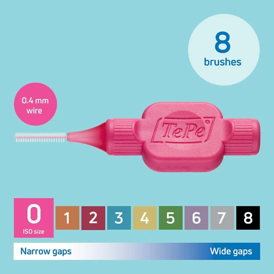 Tepe Interdental Brush Original Plastic Bag With Hanger, Pink 0.4Mm, 0 Size, 8Pcs