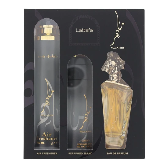 Lattafa Maahir Gift Set 100ml EDP + 200ml Perfumed Body Spray + 300ml Air Freshener