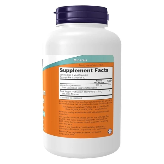 NOW Foods Magnesium Glycinate With BioPerine 180 Capsules