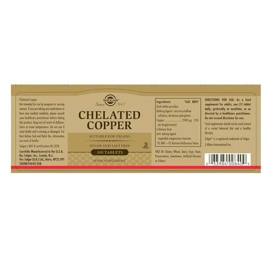 Solgar Chelated Copper Tablets 100 Tablets