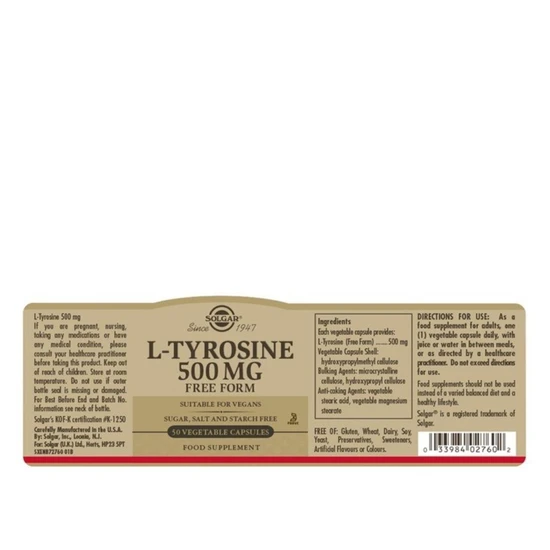 Solgar L-Tyrosine 500mg Capsules 50 Capsules