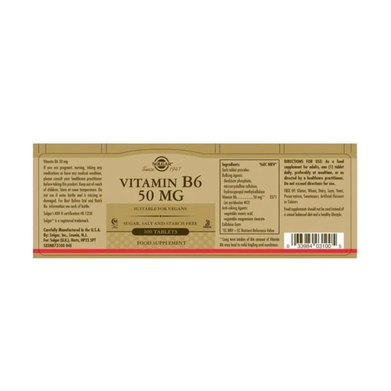 Solgar Vitamin B6 50mg Tablets 100 Tablets