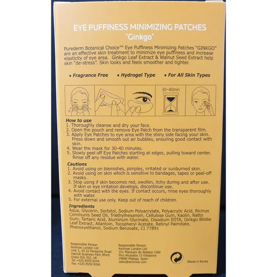 Purederm Eye Puffiness Minimising Ginkgo Patches 4 Sachet