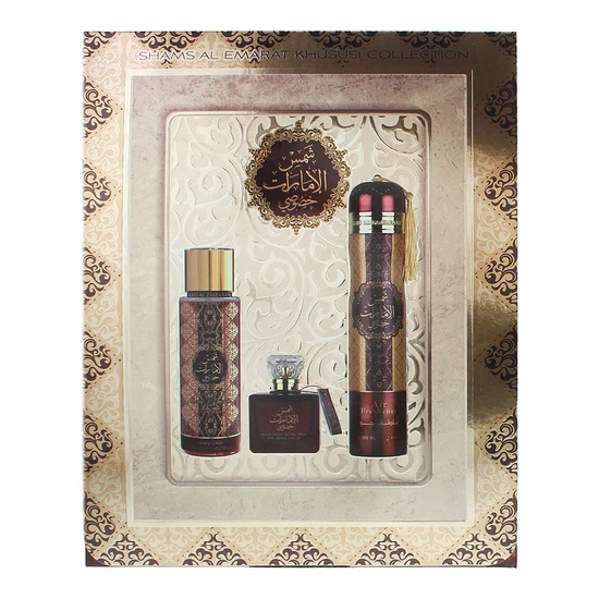 Ard Al Zaafaran Shams Al Emarat Khususi Gift Set 100ml Eau De Parfum + 250ml Body Mist + 300ml Air Freshener