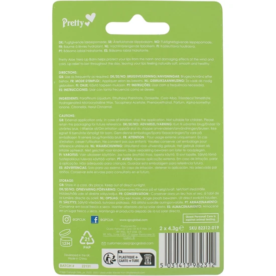Quest Pretty Moisturising Lip Balm Aloe Vera 4.3g x2