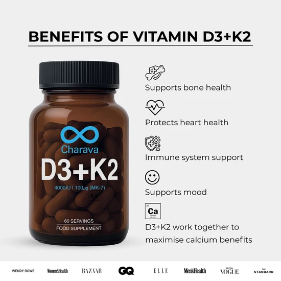 Charava UK Vitamin D3 4000IU + K2 MK-7 60 Days