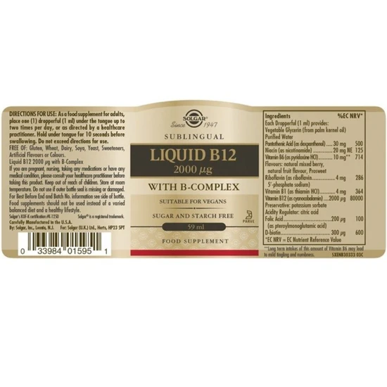 Solgar Vitamins Liquid B12 2000 Ug With B-Complex 59ml