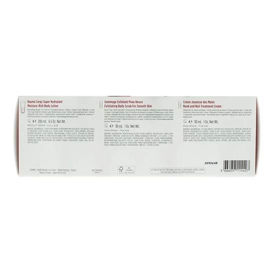 Clarins Body Care Essentials Moisture-Rich Body Lotion + Exfoliating Body Scrub + Hand & Nail Treatment Cream