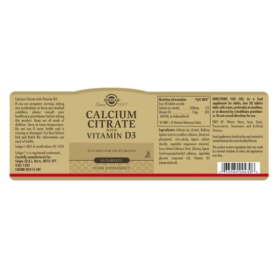 Solgar Calcium Citrate With Vitamin D Tablets 60 Tablets