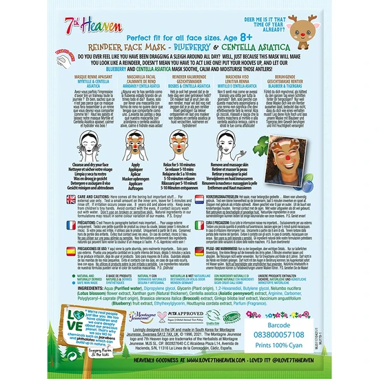 Montagne Jeunesse 7th Heaven Winter Wonderland Reindeer Facial Sheet Mask Infused with Blueberry and Centella Asiatica