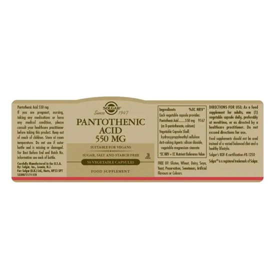 Solgar Pantothenic Acid 550mg Capsules 50 Capsules