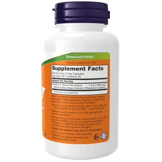 NOW Foods Phase 2 White Kidney Bean Extract, 500mg Vegicaps 120 Vegicaps