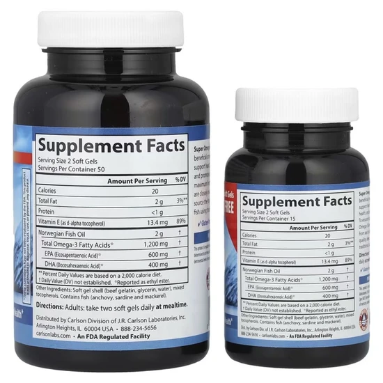 Carlson Labs Wild Caught Super Omega-3 Gems 1200mg Softgels + 30 100 Softgels