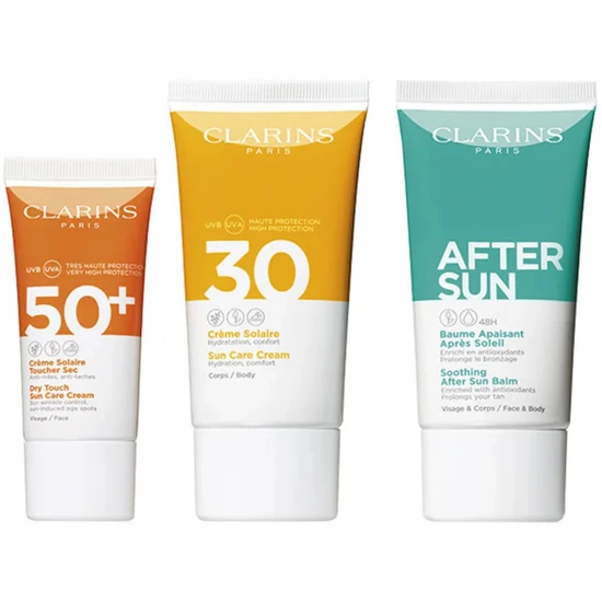 Clarins Essential Sun Care Travel Set 50ml Very High Protection Sun CreamSPF50 + 15ml Gentle Peeling + 75ml Soothing Aftersun Balm