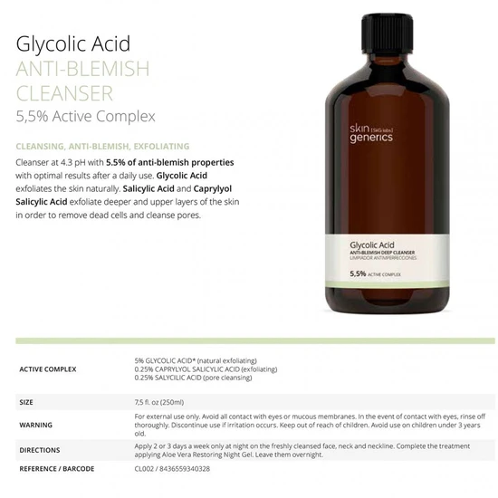Skin Generics Anti-Blemish Cleanser Glycolic Acid 5, 5% Active Complex 30ml