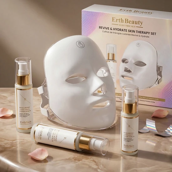 Erth Skin London Revive & Hydrate Skin Therapy Set Skin Retreat & Renew Light Therapy Face Mask + HA Serum 60ml