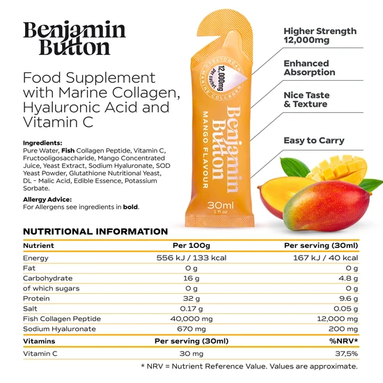 Benjamin Button Mango 12,000mg Marine Collagen Liquid Sachets x 14