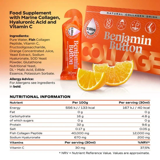Benjamin Button Marine Collagen Orange Liquid Sachets 14 Sachets