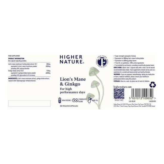 Higher Nature Lion's Mane & Ginkgo Capsules 30 Capsules